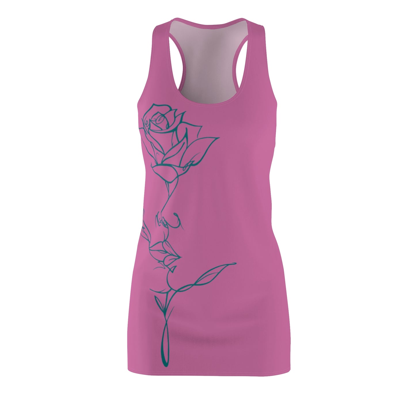 Pink racerback dress with a teal rose kiss line art design, front view