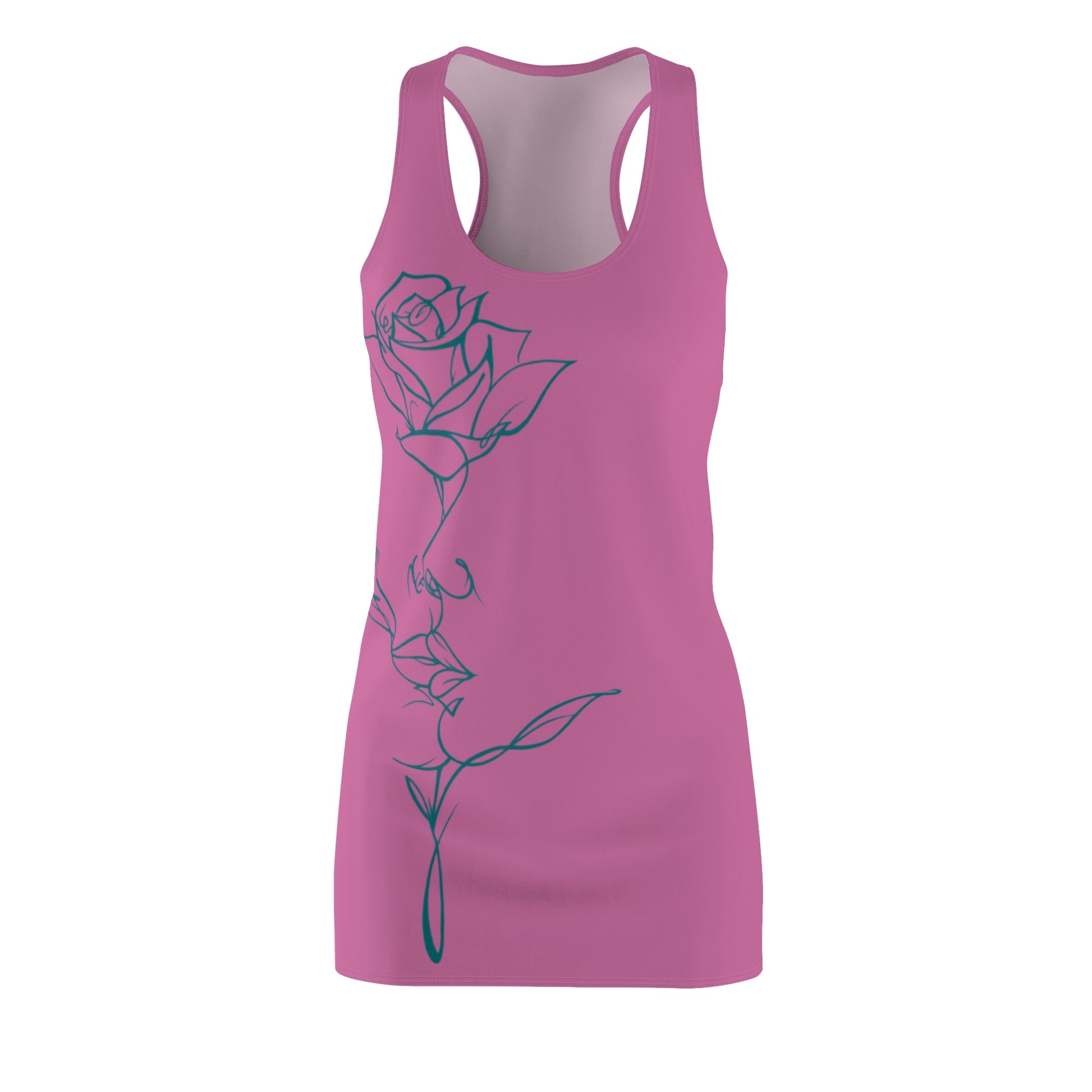 Pink racerback dress with a teal rose kiss line art design, front view