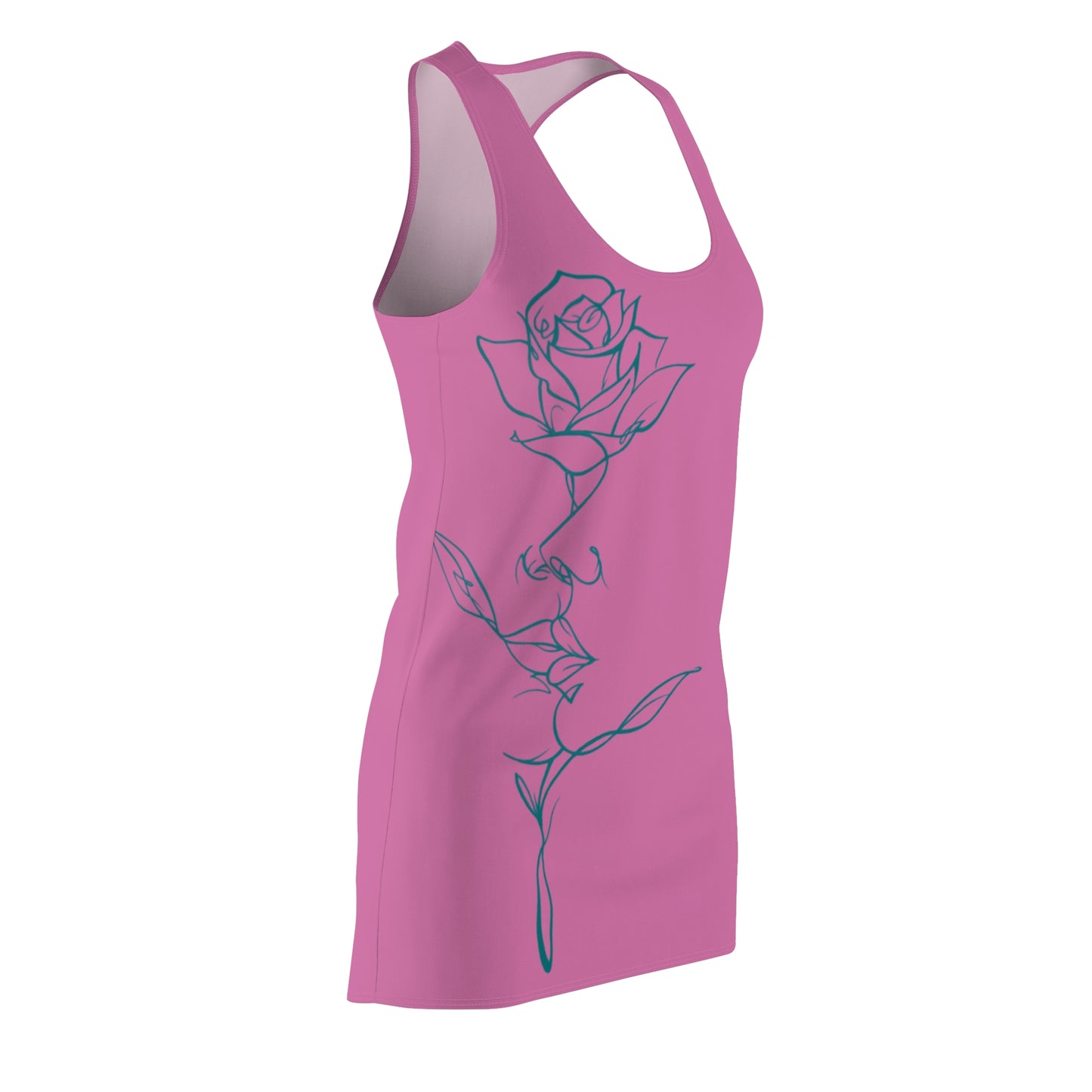  A pink racerback dress with a teal rose kiss line art design, front left side view