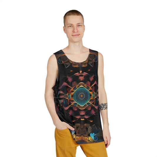 Person wearing a sleeveless shirt with a colorful geometric pattern on a gray background front view