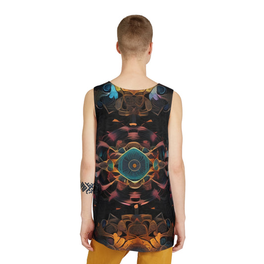 Person wearing a sleeveless shirt with a colorful geometric pattern on a gray background back view