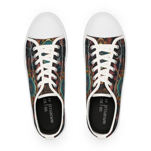 Pair of sneakers with a colorful pattern on a white background
